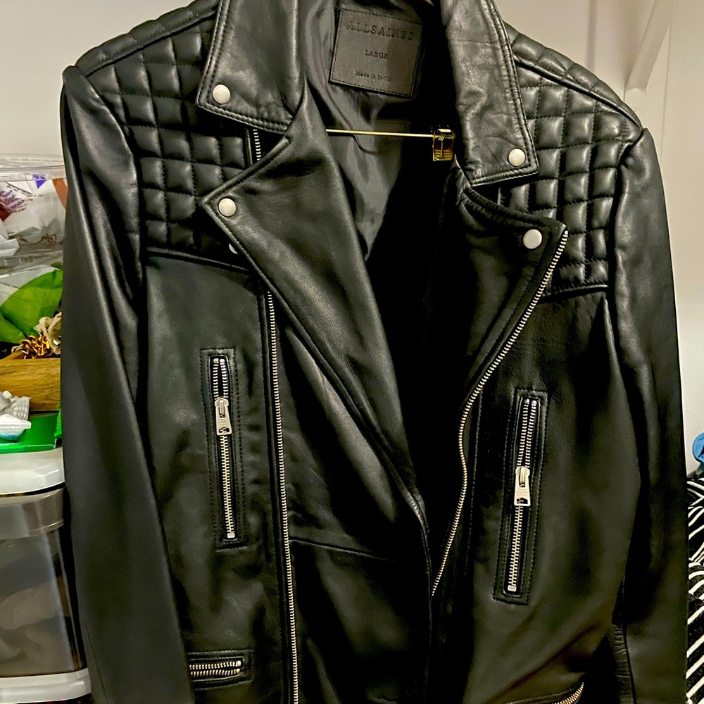Black leather all saints jacket (male sizing but can fit anyone)!